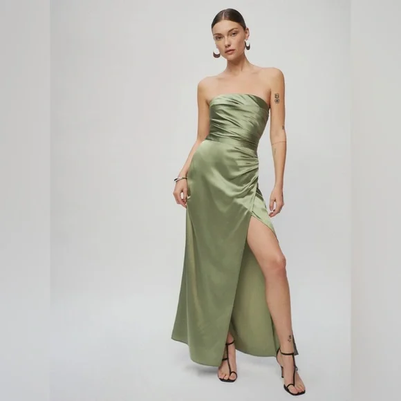 Reformation Barrow Artichoke Green Silk Strapless Cocktail Gown Size 2 NWT